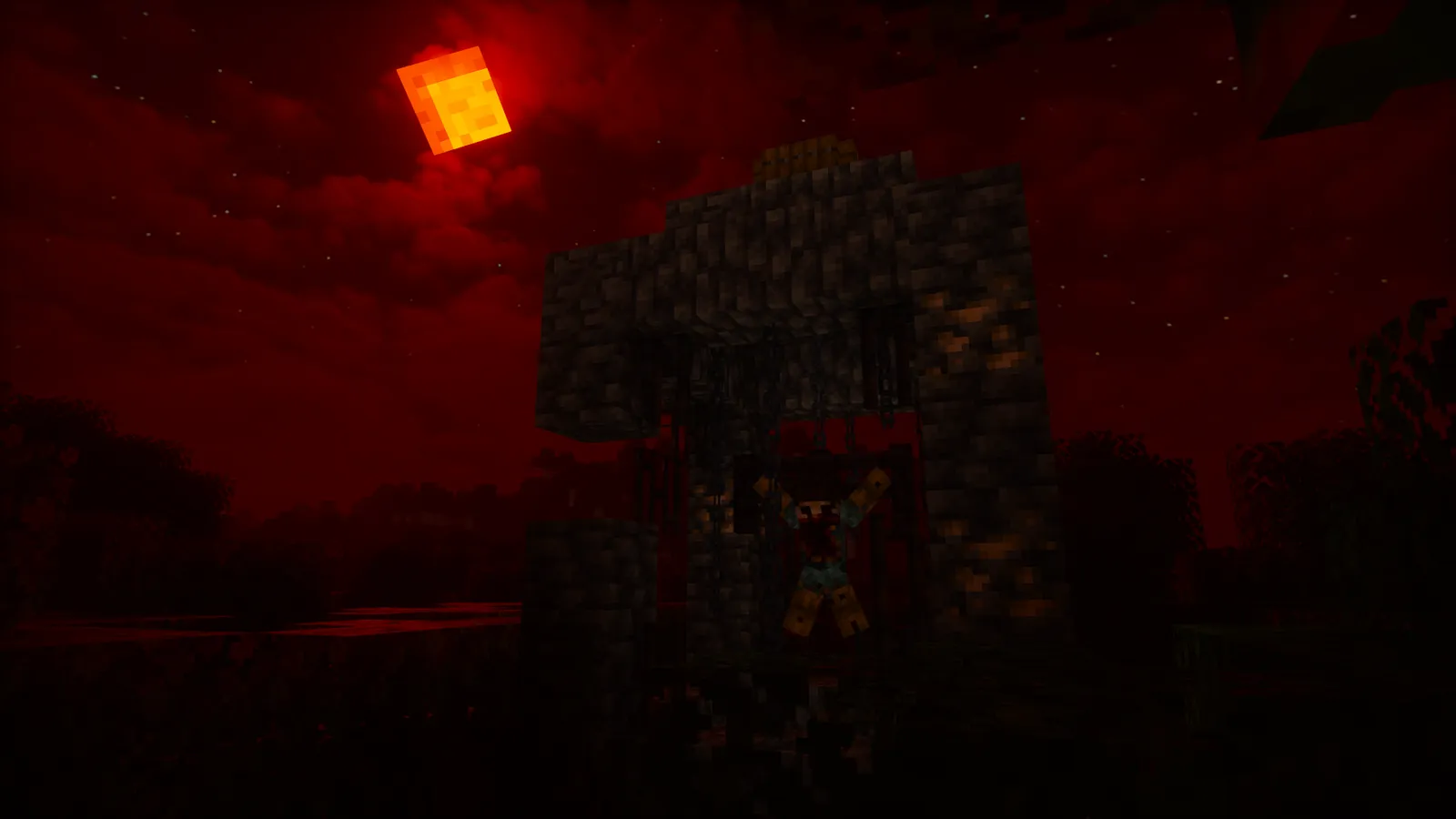 Estrutura de pedra sob céu vermelho no Minecraft