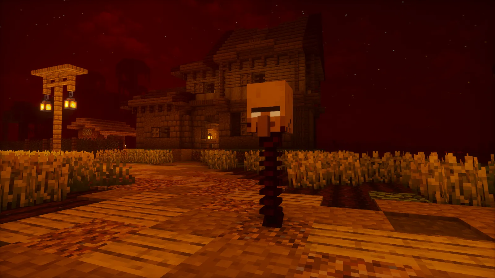 Vila de Minecraft sob céu vermelho