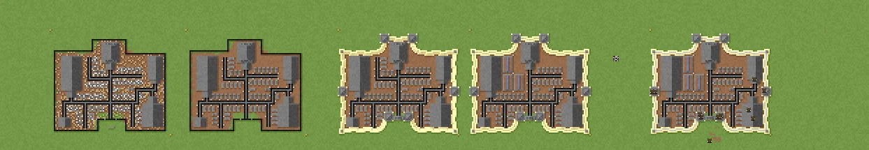 Cinco visões superiores dos níveis de uma base do HexaMINEtombe