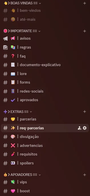 Categorias do servidor Discord